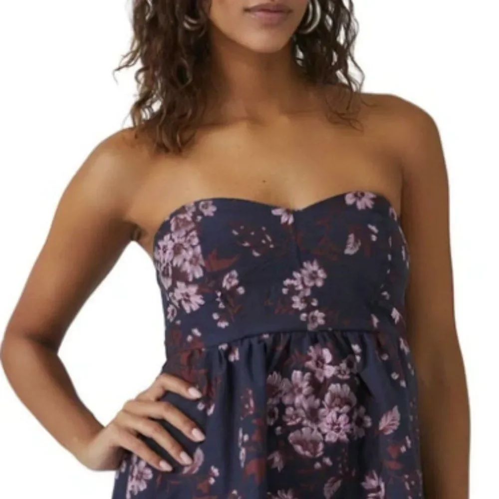 Free People Matilda Tie Back Strapless Babydoll Mini Dress Size‎ Large Blue